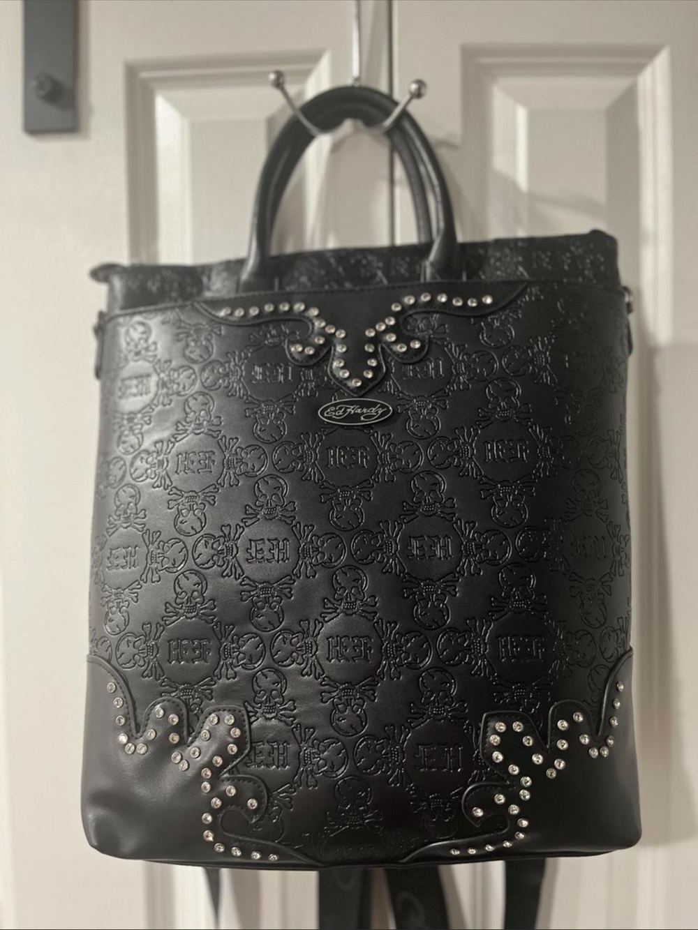Ed Hardy Black Embossed Tote with Stud Detailing